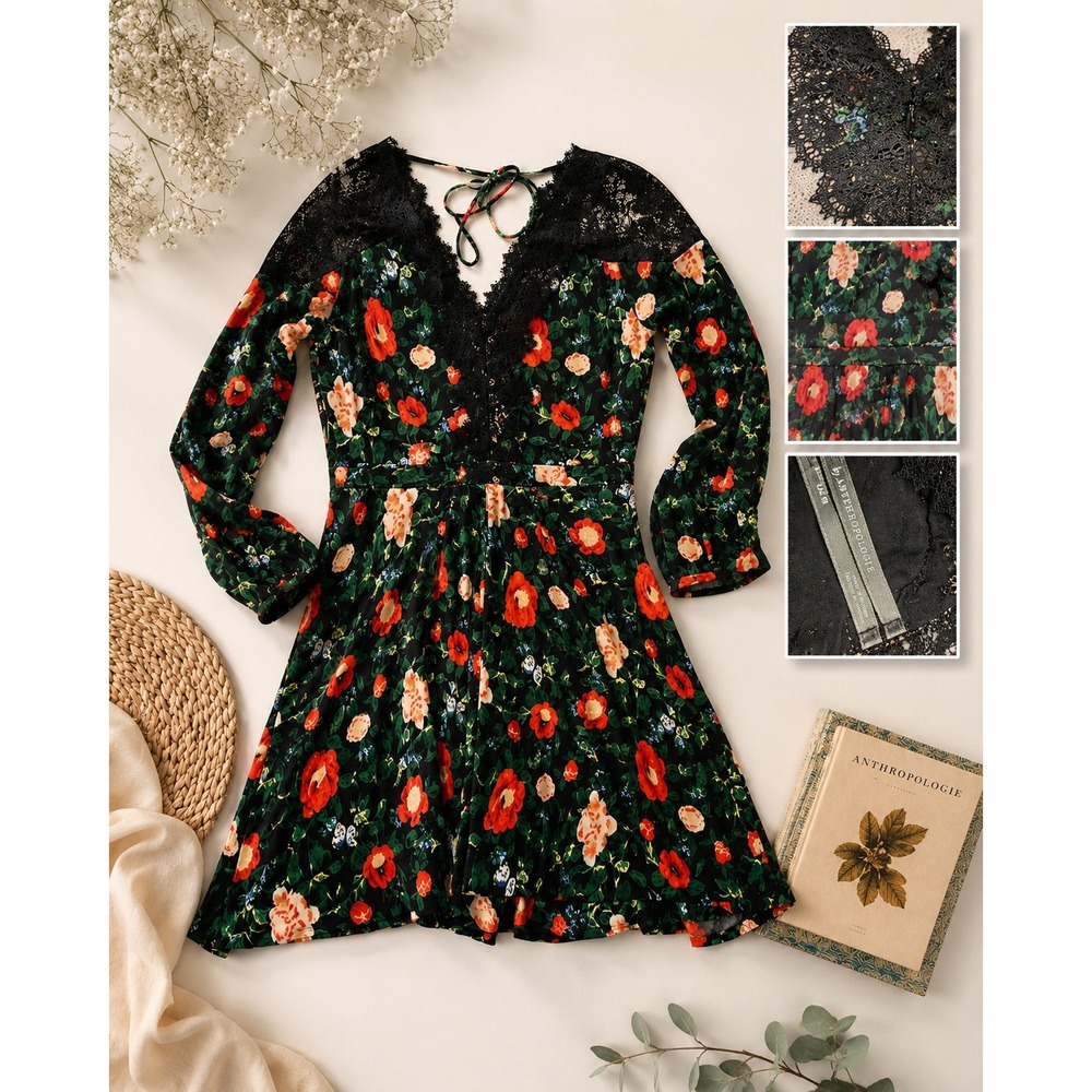 Anthropologie Floral Lace Mini Dress Size 6 Long Sleeve Vacation Night Out Black